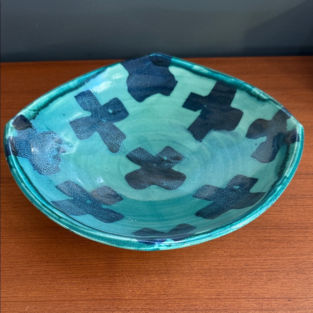 Handcrafted Ceramic Bowl with Blue Cross Design mcm celadon glaze signed